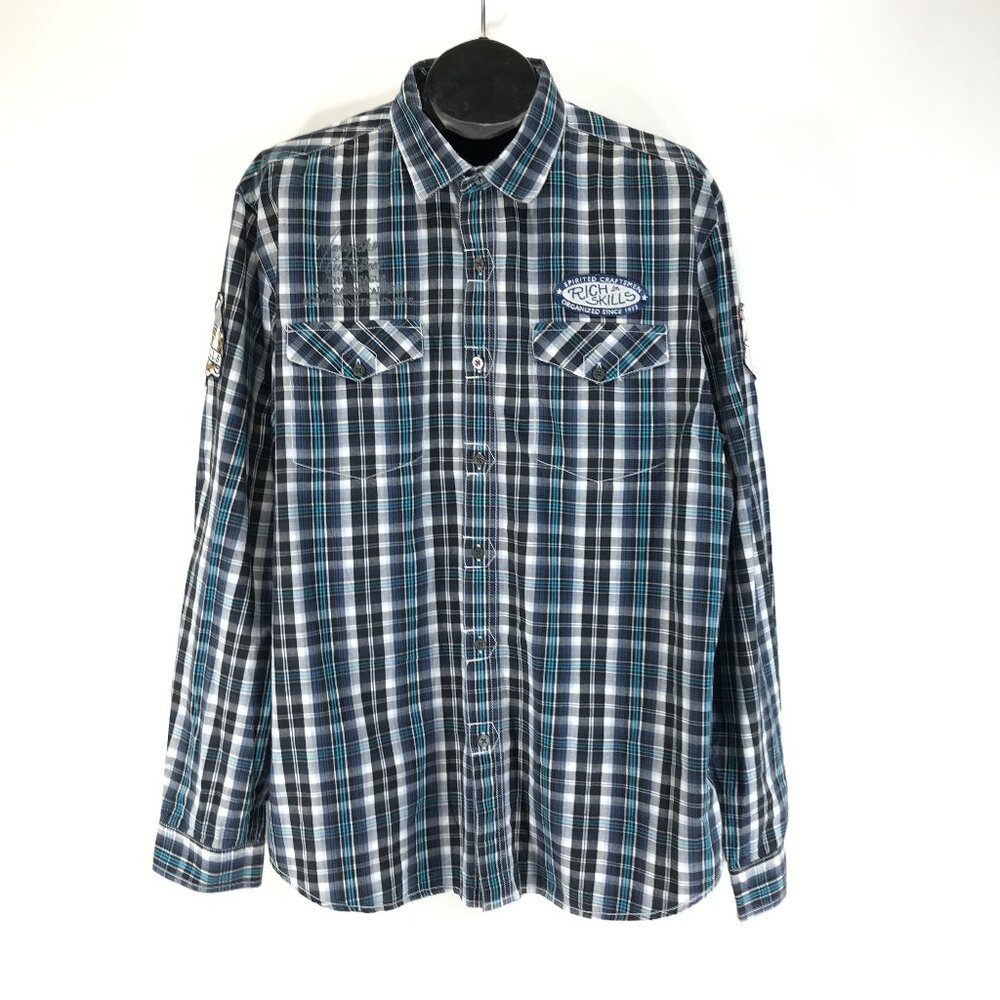 Marc Ecko Cut & Sew Long Sleeve Button Up Shirt Men's XL Plaid Patches Cotton